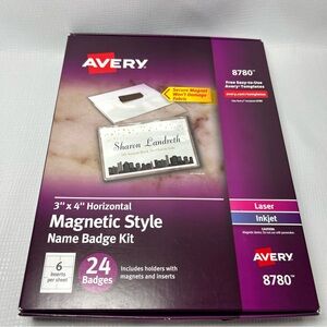 NEW Avery 8780 Magnetic Style Name Badge Kit, Horizontal, 4 x 3, White, 24/Pack